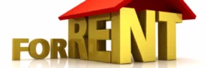 Graphics of For Rent written in gold lettering and a red roof