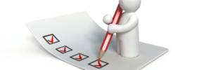 Graphics of a small white figure holding a red pencil on top of a checklist