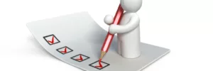 Graphics of a small white figure holding a red pencil on top of a checklist