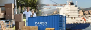 Young couple in are next to a moving truck and boxes, blue cargo container, using a boat to transport their belongings