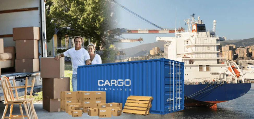 Young couple in are next to a moving truck and boxes, blue cargo container, using a boat to transport their belongings